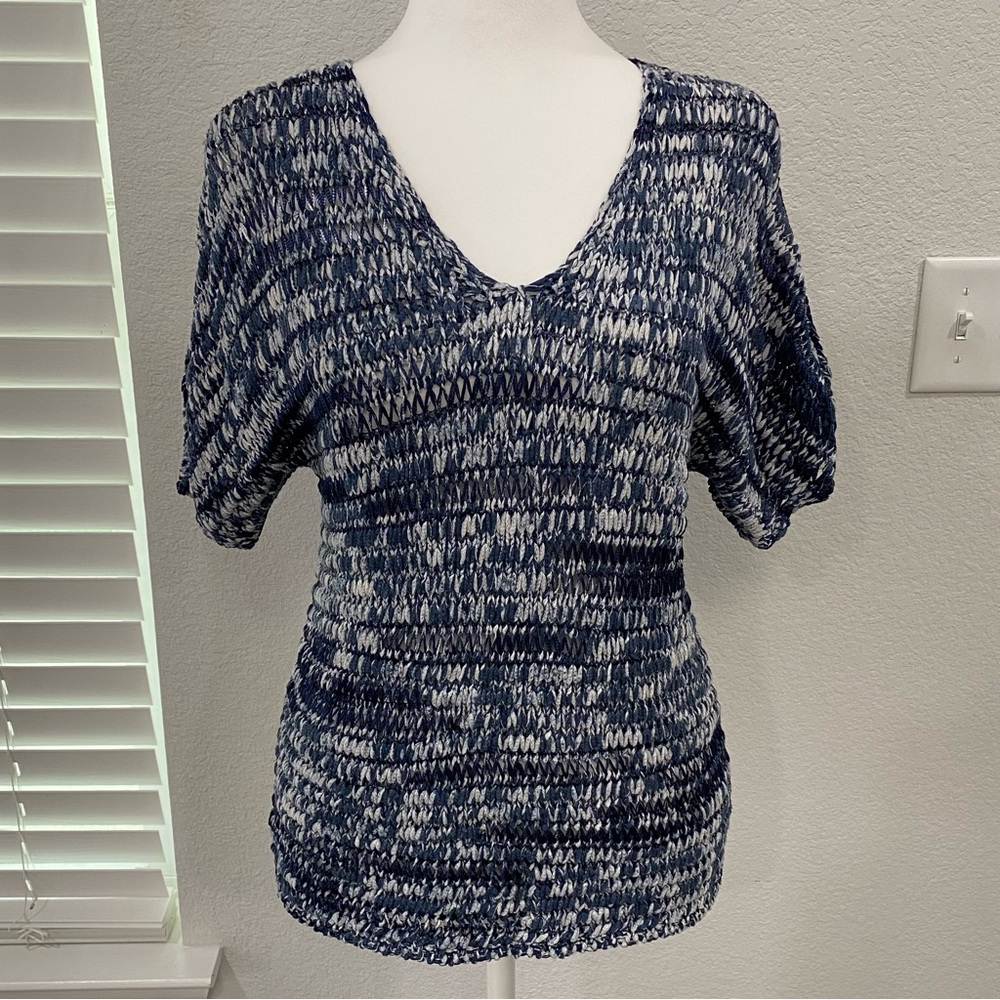 Eileen Fisher XXS Denim Blue Brushstroke Cotton Tape V-Neck Made in USA NWT